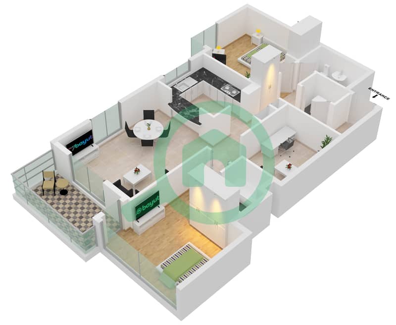 Аль Мурджан Тауэр - Апартамент 2 Cпальни планировка Тип 1 interactive3D