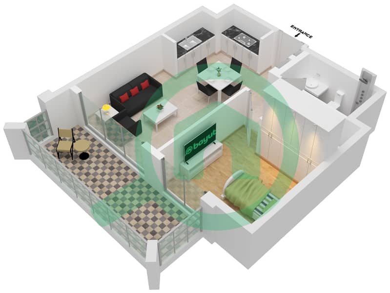 المخططات الطابقية لتصميم الوحدة 1-FLOOR 2-7 شقة 1 غرفة نوم - لوتس interactive3D