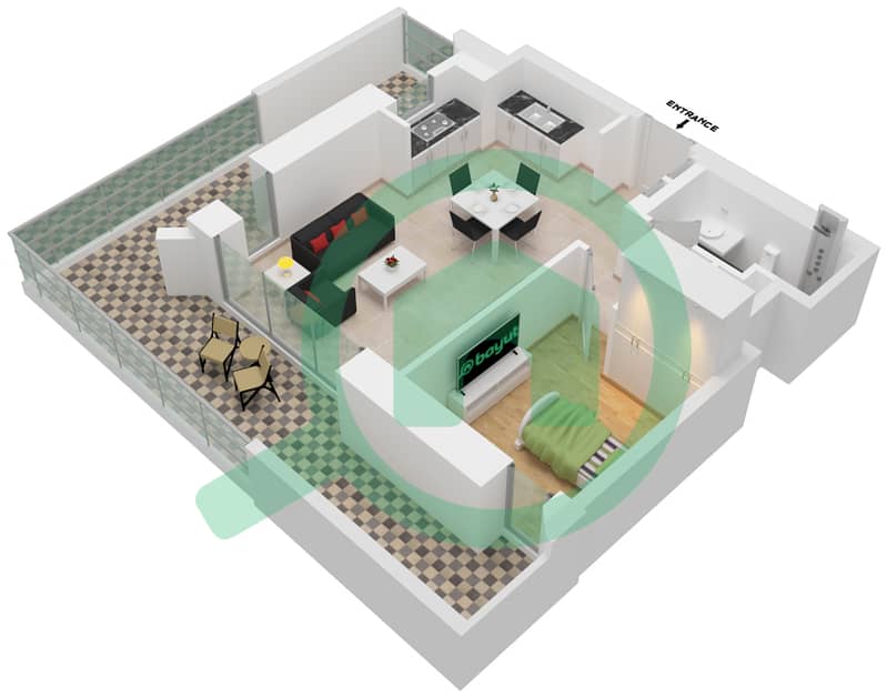Лотус - Апартамент 1 Спальня планировка Единица измерения 108-FLOOR-01 interactive3D