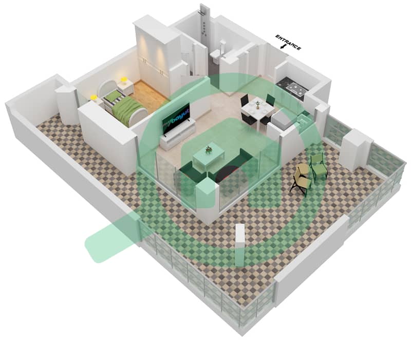 莲花公寓 - 1 卧室公寓单位109-FLOOR 1戶型图 interactive3D