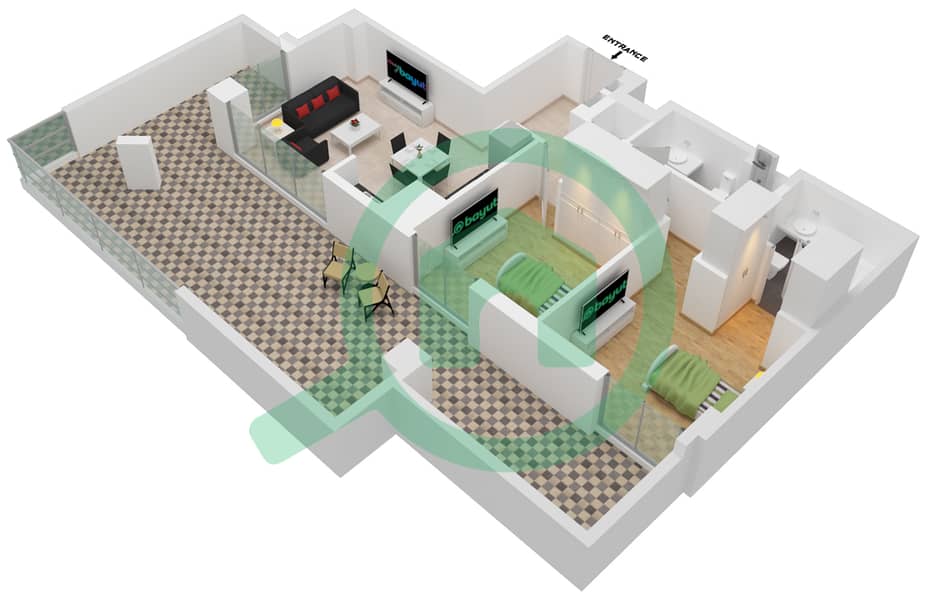 莲花公寓 - 2 卧室公寓单位106-FLOOR-01戶型图 interactive3D