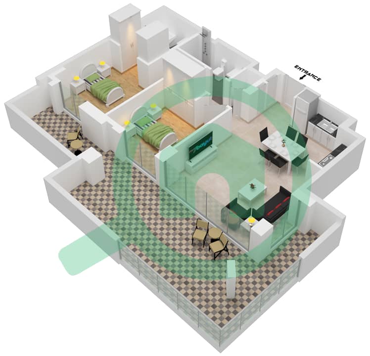 Лотус - Апартамент 2 Cпальни планировка Единица измерения 107-FLOOR-01 interactive3D