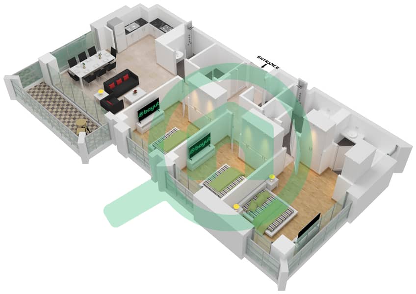 莲花公寓 - 3 卧室公寓单位8-FLOOR 2-7戶型图 interactive3D