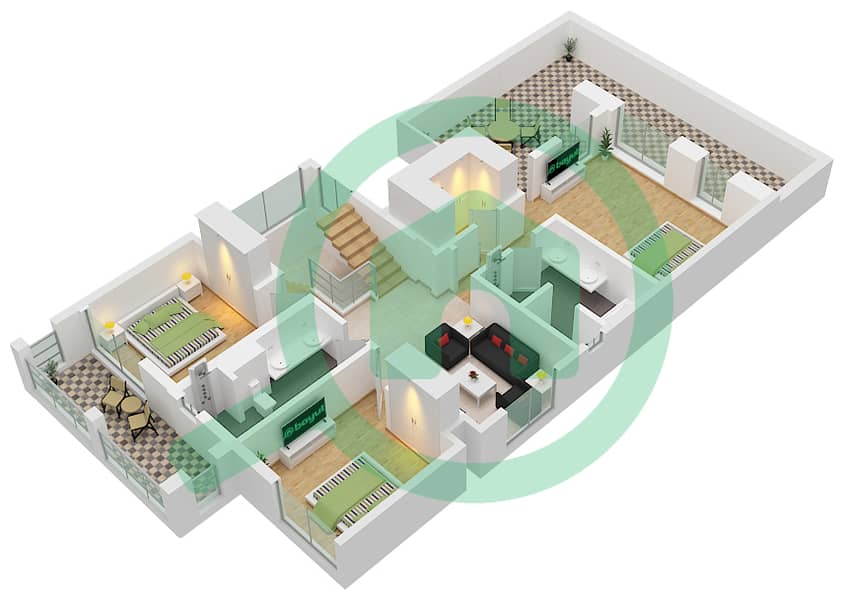 المخططات الطابقية لتصميم النموذج E3M-2 فیلا 4 غرف نوم - كايا 2 First Floor interactive3D
