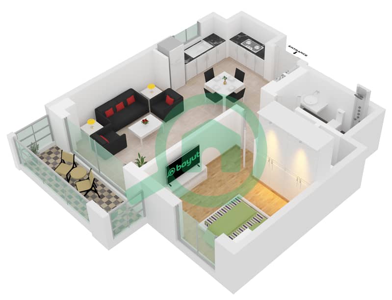المخططات الطابقية لتصميم الوحدة 303 شقة 1 غرفة نوم - بايشور 1 Level-3 interactive3D