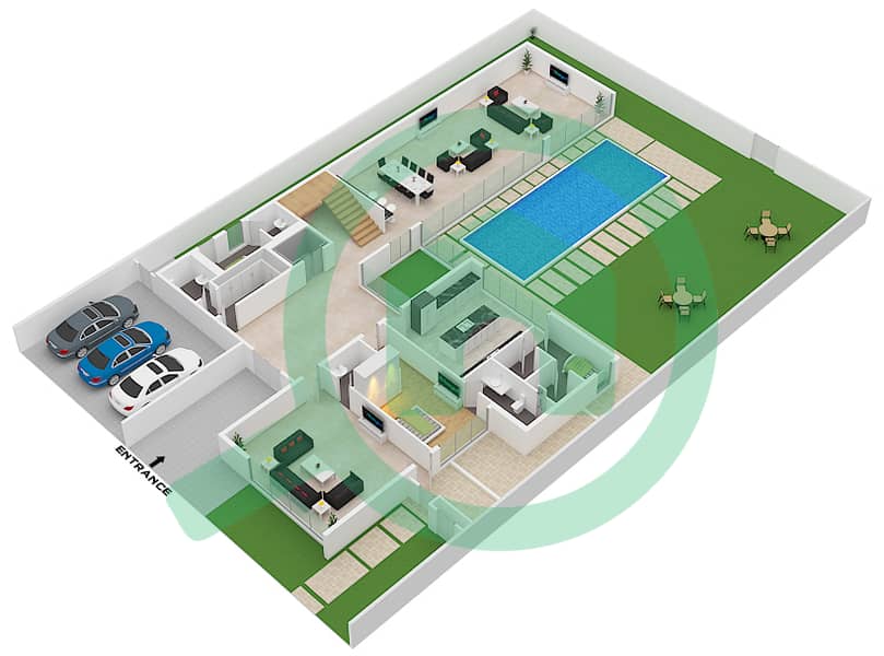 المخططات الطابقية لتصميم النموذج B فیلا 5 غرف نوم - سيكويا Ground Floor interactive3D