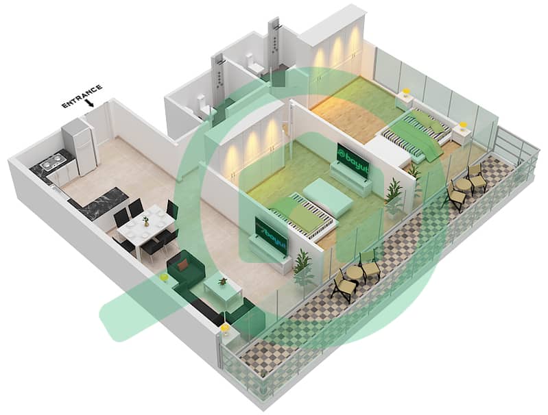 المخططات الطابقية لتصميم النموذج / الوحدة A-UNIT-2-FLOOR 37 شقة 2 غرفة نوم - برج بلوم A interactive3D