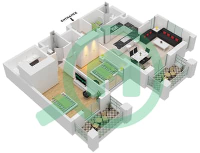 المخططات الطابقية لتصميم النموذج / الوحدة B2-UNIT-108-208-308 شقة 2 غرفة نوم - بناية لماع 1