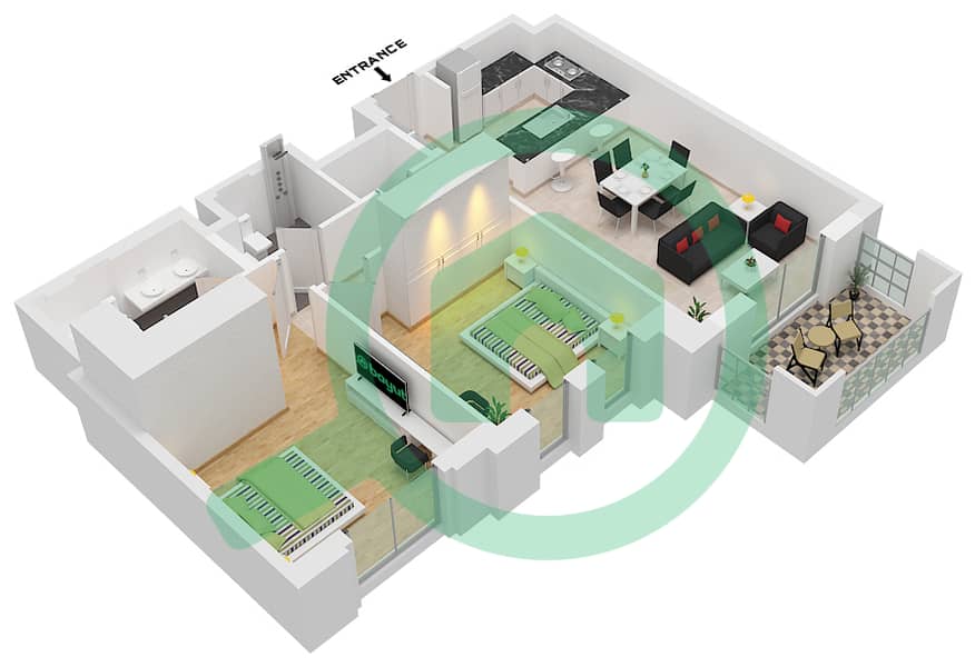 المخططات الطابقية لتصميم النموذج / الوحدة A1-UNIT-805-905-FLOOR 8,9 شقة 2 غرفة نوم - بناية لماع 1 interactive3D