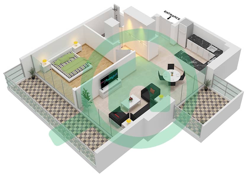 Азизи Ривьера 3 - Апартамент 1 Спальня планировка Тип 3-TYPICAL FLOOR 2-9 Typical Floor 2-9 interactive3D