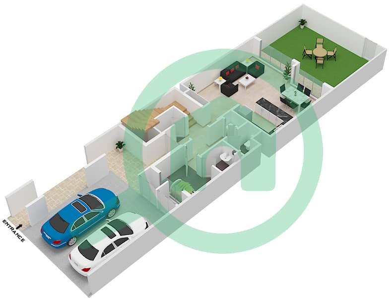 Mudon Al Ranim 1 - 3 卧室联排别墅类型3B2戶型图 Ground Floor interactive3D