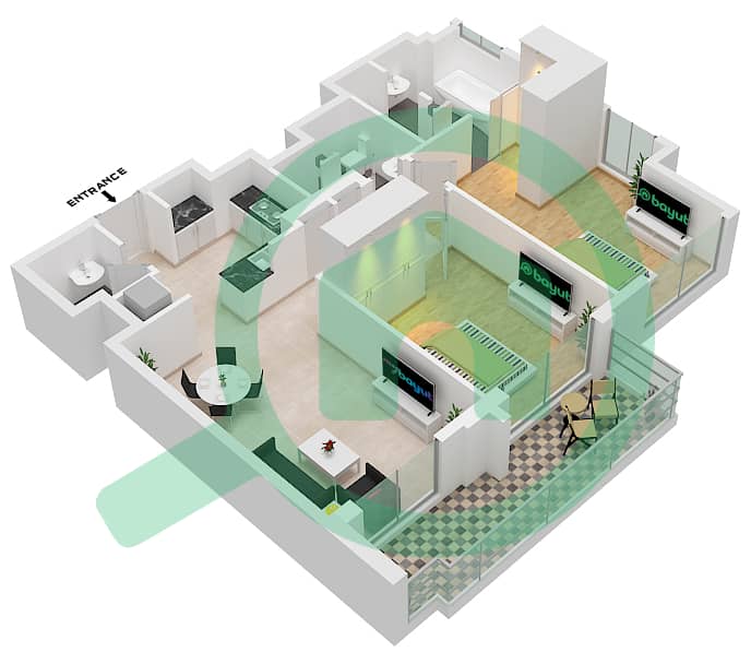 المخططات الطابقية لتصميم النموذج / الوحدة 2B.D/10 شقة 2 غرفة نوم - فيدا دبي مول Floor 17-38 interactive3D
