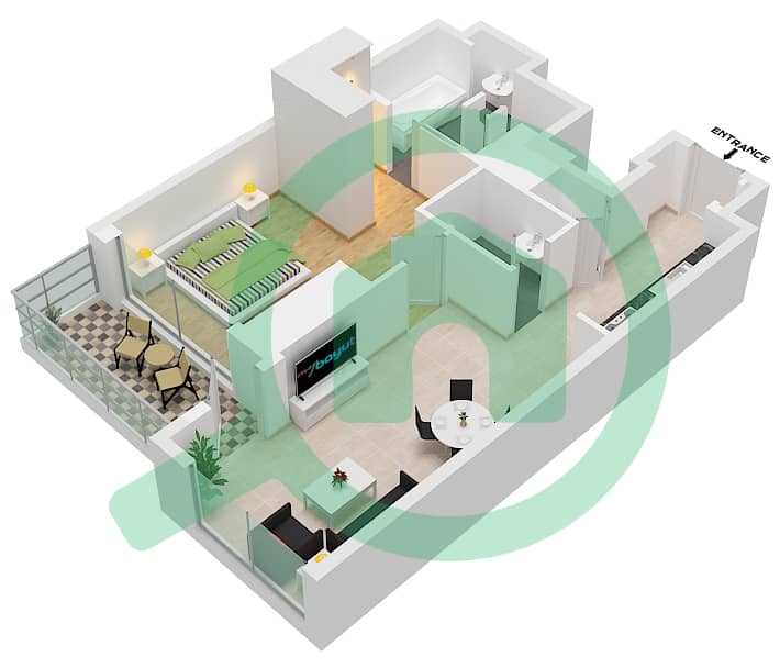 المخططات الطابقية لتصميم النموذج / الوحدة 1B.B/3 شقة 1 غرفة نوم - فيدا دبي مول Floor 17-38 interactive3D