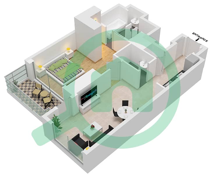 المخططات الطابقية لتصميم النموذج / الوحدة 1B.C/3 شقة 1 غرفة نوم - فيدا دبي مول Floor 40-55 interactive3D