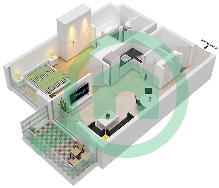 المخططات الطابقية لتصميم النموذج / الوحدة 1B.F/6-7 شقة 1 غرفة نوم - فيدا دبي مول Floor 40-55 interactive3D