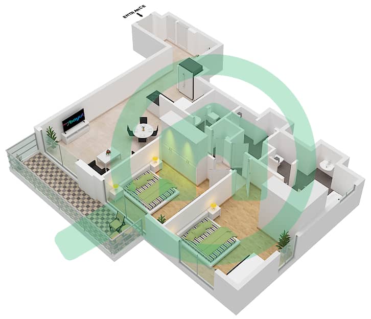 المخططات الطابقية لتصميم النموذج / الوحدة 2B.A/6 شقة 2 غرفة نوم - فيدا دبي مول Floor 8-15,17-38 interactive3D