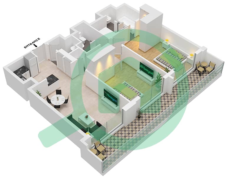 المخططات الطابقية لتصميم النموذج / الوحدة 2B.A/6-7 شقة 2 غرفة نوم - فيدا دبي مول Floor 17-38 interactive3D