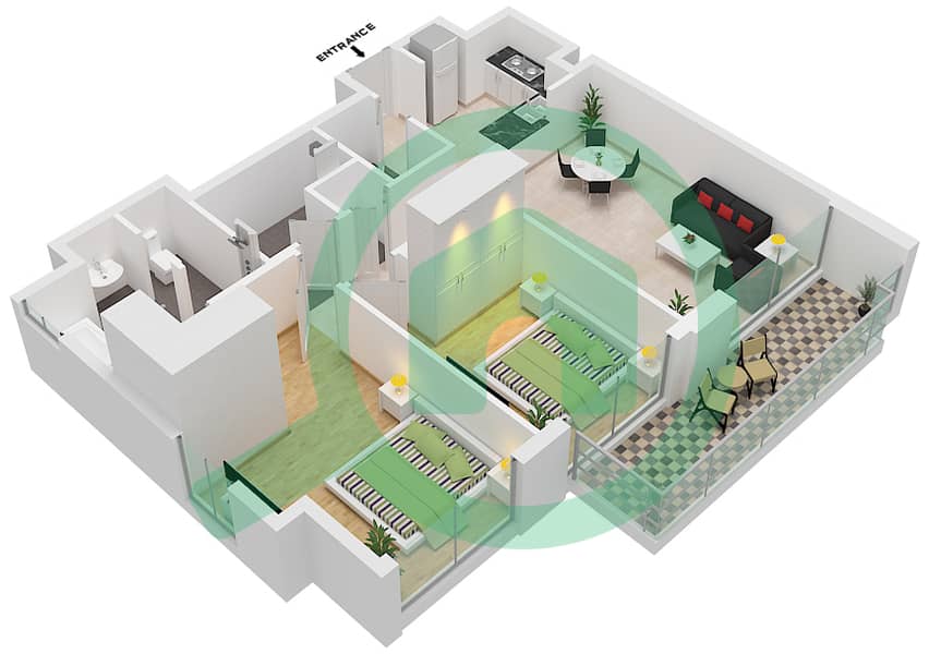 Вида Резиденс Дубай Молл - Апартамент 2 Cпальни планировка Тип/мера 2B.B/1 Floor 8-15,17-38 interactive3D