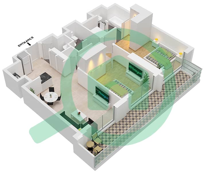 Вида Резиденс Дубай Молл - Апартамент 2 Cпальни планировка Тип/мера 2B.B/6-7 Floor 17-38 interactive3D