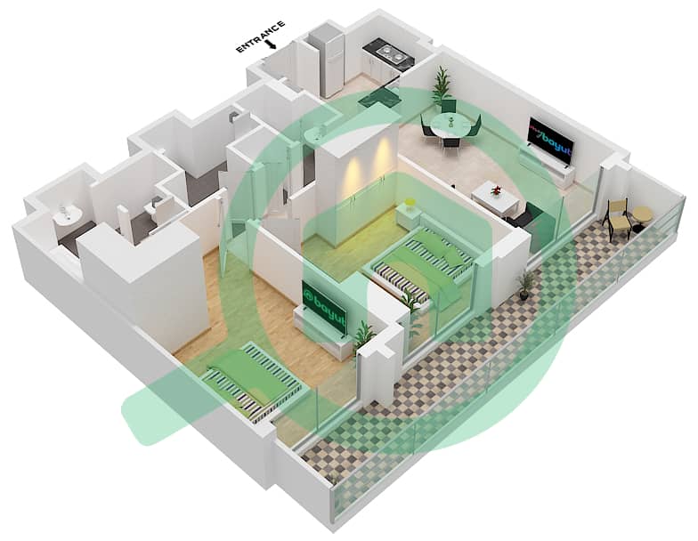 المخططات الطابقية لتصميم النموذج / الوحدة 2B.C/3 شقة 2 غرفة نوم - فيدا دبي مول Floor8-15 interactive3D