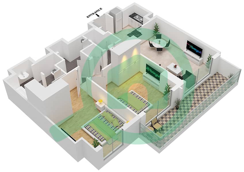 Вида Резиденс Дубай Молл - Апартамент 2 Cпальни планировка Тип/мера 2B.D/4 Floor 8-15 interactive3D