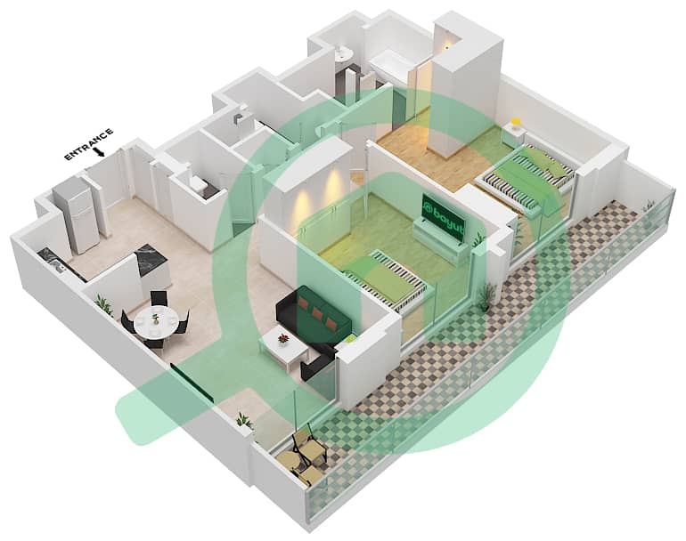 迪拜购物中心维达公寓 - 2 卧室公寓类型／单位2B.E/3戶型图 Floor17-38 interactive3D