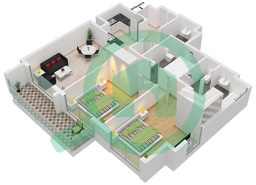 Вида Резиденс Дубай Молл - Апартамент 2 Cпальни планировка Тип/мера 2B.E/10 Floor 40-55 interactive3D