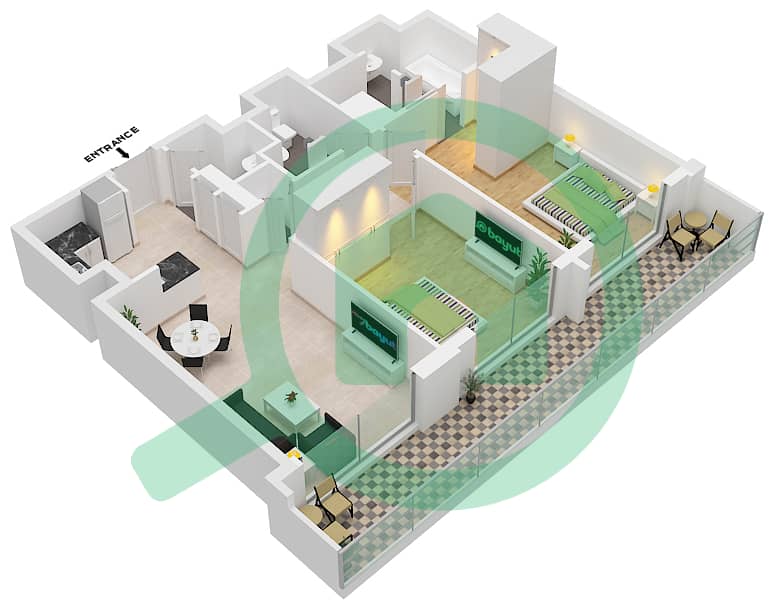 迪拜购物中心维达公寓 - 2 卧室公寓类型／单位2B.F/6戶型图 Floor 40-55 interactive3D