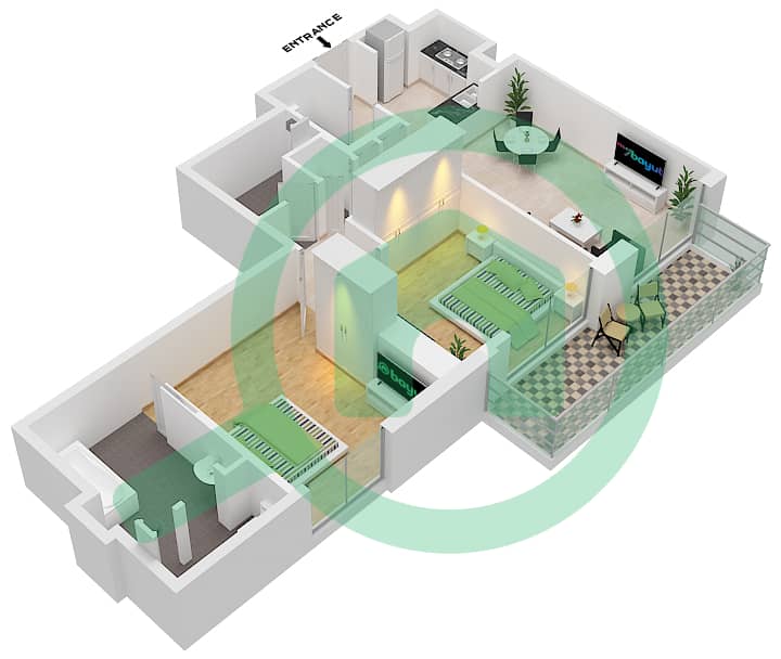 المخططات الطابقية لتصميم النموذج / الوحدة 2B.G/5 شقة 2 غرفة نوم - فيدا دبي مول Floor 17-38 interactive3D