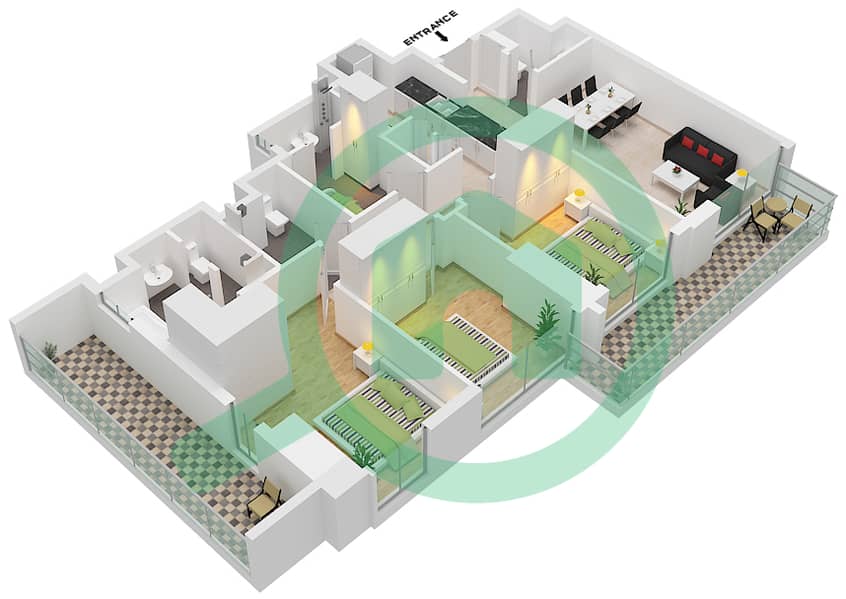 المخططات الطابقية لتصميم النموذج / الوحدة 3B.A/9 شقة 3 غرف نوم - فيدا دبي مول Floor 17-38 interactive3D
