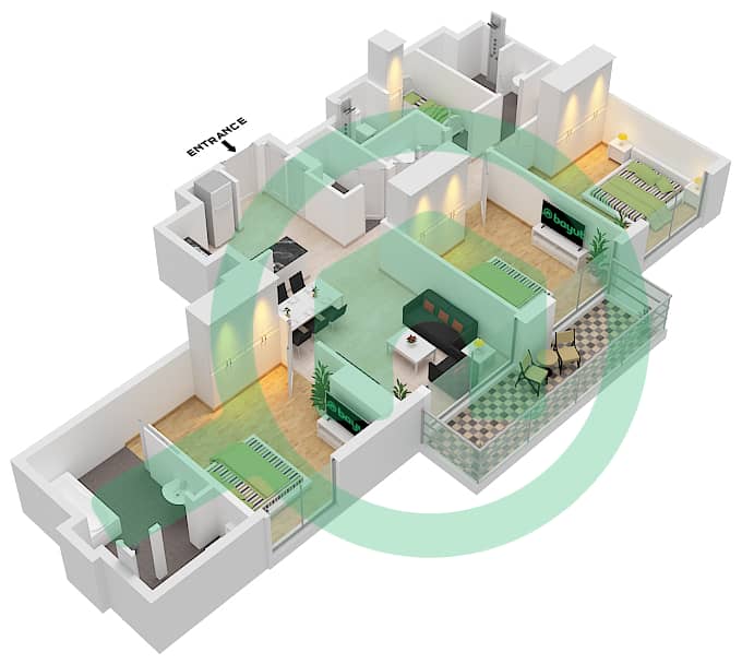 المخططات الطابقية لتصميم النموذج / الوحدة 3B.A/5 شقة 3 غرف نوم - فيدا دبي مول Floor 8-15 interactive3D