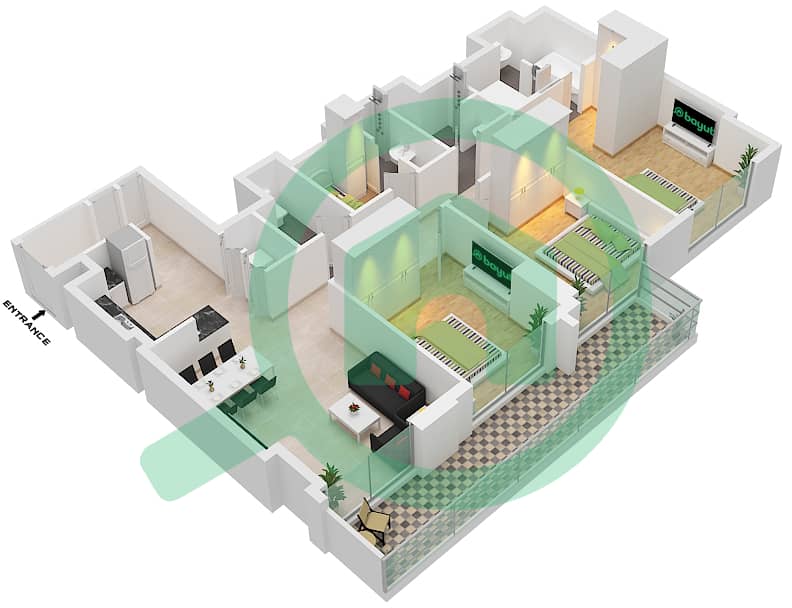 Вида Резиденс Дубай Молл - Апартамент 3 Cпальни планировка Тип/мера 3B.B/2 Floor 8-15 interactive3D