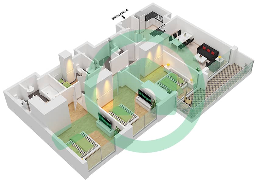 المخططات الطابقية لتصميم النموذج / الوحدة 3B.B/8 شقة 3 غرف نوم - فيدا دبي مول Floor 17-38 interactive3D