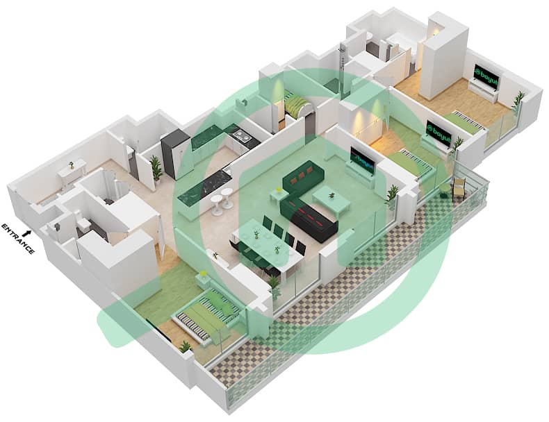 迪拜购物中心维达公寓 - 3 卧室公寓类型／单位3B.C/2戶型图 Floor  17-38 interactive3D