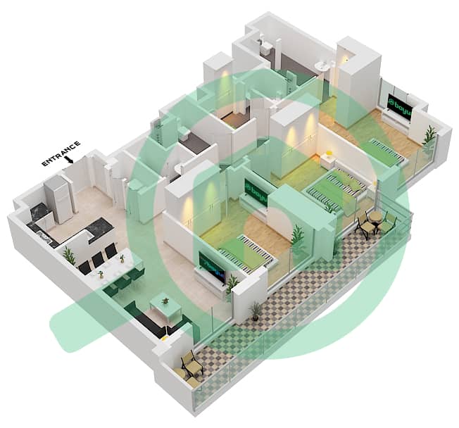 المخططات الطابقية لتصميم النموذج / الوحدة 3B.C/5 شقة 3 غرف نوم - فيدا دبي مول Floor 40-55 interactive3D