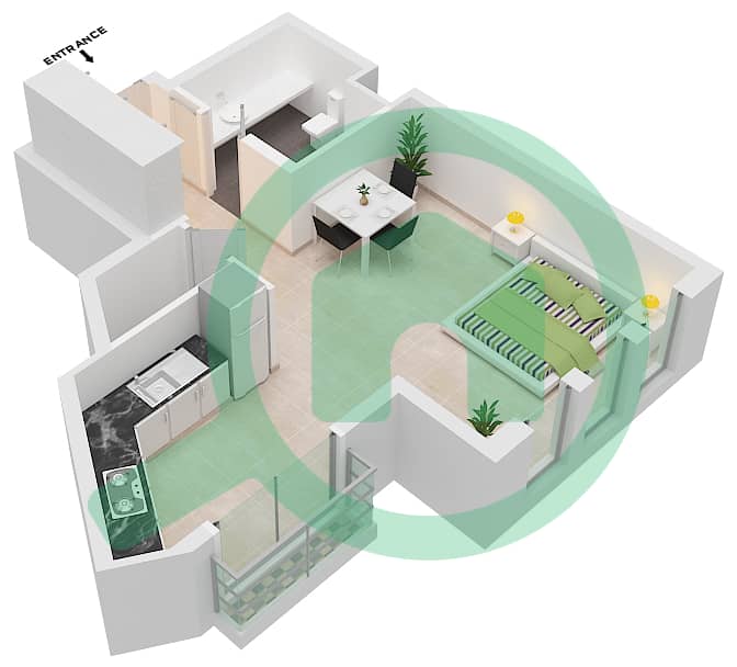 المخططات الطابقية لتصميم الوحدة 15 شقة استوديو - بناية 193 interactive3D