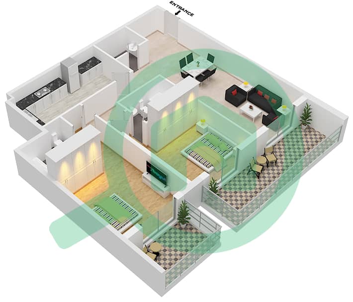 المخططات الطابقية لتصميم الوحدة 1-FLOOR 8 شقة 2 غرفة نوم - برج كليوبترا interactive3D