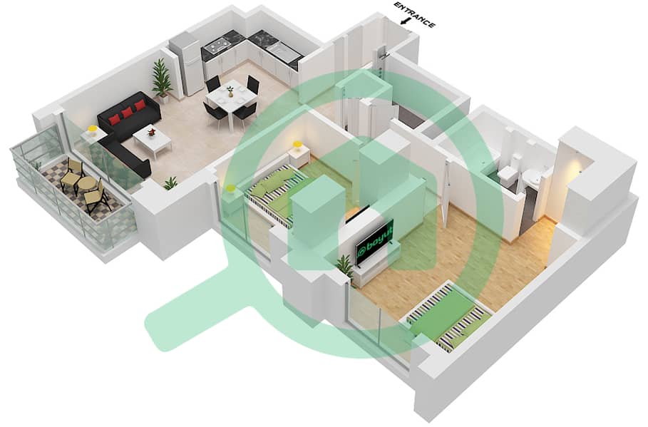 المخططات الطابقية لتصميم النموذج / الوحدة 01-UNIT-2,3-FLOOR 1 شقة 2 غرفة نوم - بناية بارك فيلد 1 interactive3D