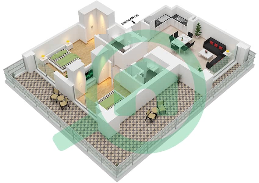 المخططات الطابقية لتصميم النموذج / الوحدة 04-UNIT-6-FLOOR 1 شقة 2 غرفة نوم - بناية بارك فيلد 1 interactive3D
