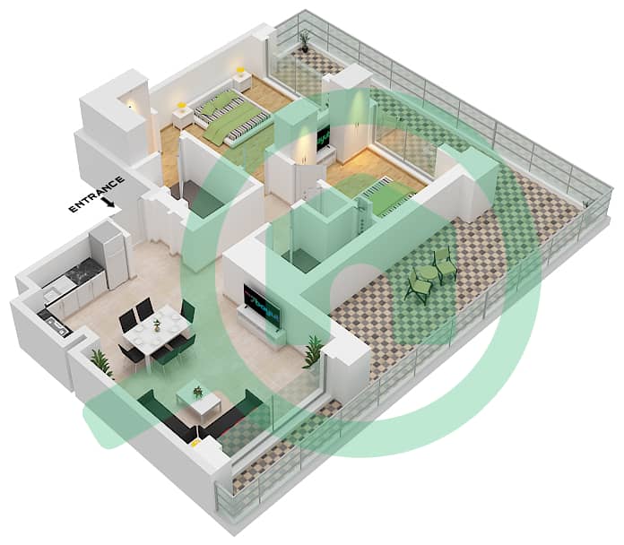 المخططات الطابقية لتصميم النموذج / الوحدة 02-UNIT-7-FLOOR 1 شقة 2 غرفة نوم - بناية بارك فيلد 1 interactive3D