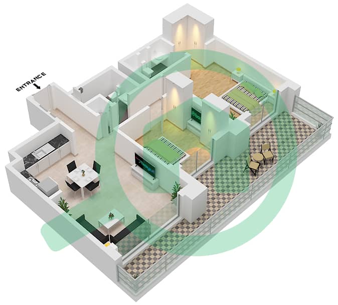 المخططات الطابقية لتصميم النموذج / الوحدة 01-UNIT-1-FLOOR 1 شقة 2 غرفة نوم - بناية بارك فيلد 1 interactive3D