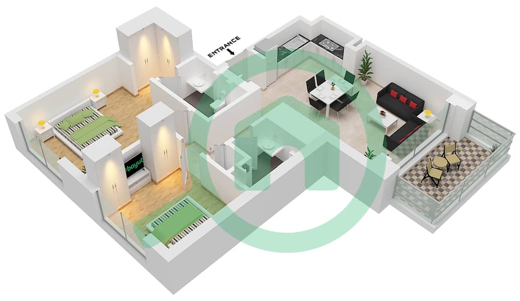 المخططات الطابقية لتصميم النموذج / الوحدة 04-UNIT-8-FLOOR 2-10 شقة 2 غرفة نوم - بناية بارك فيلد 1 interactive3D