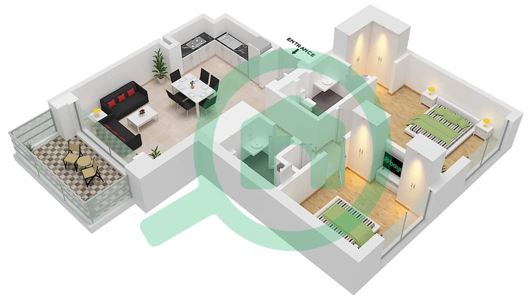 المخططات الطابقية لتصميم النموذج / الوحدة 02-UNIT-9-FLOOR 2-10 شقة 2 غرفة نوم - بناية بارك فيلد 1 interactive3D