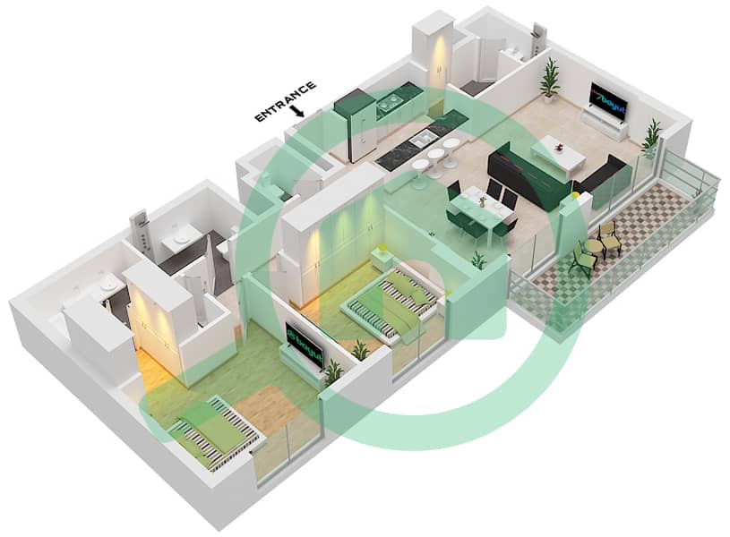 المخططات الطابقية لتصميم النموذج / الوحدة A2,A3 / UNIT 14,16-21 شقة 2 غرفة نوم - لوريل interactive3D