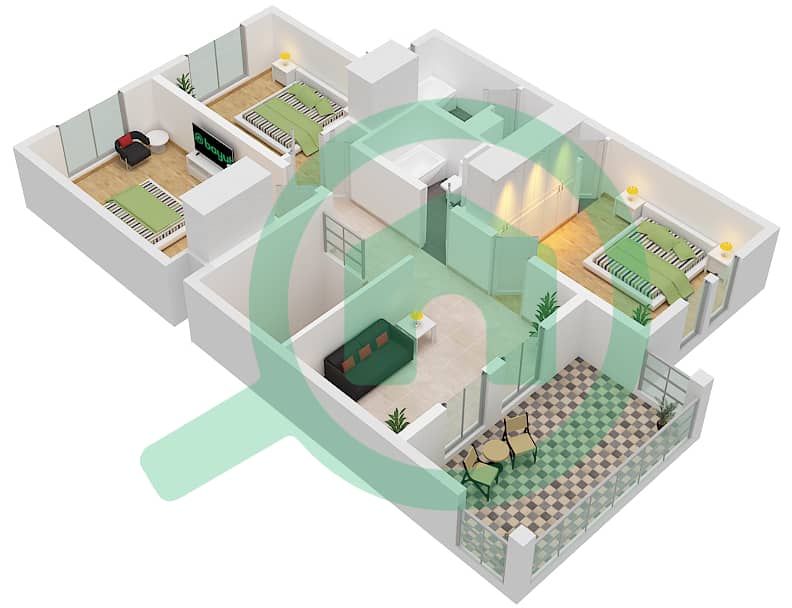 المخططات الطابقية لتصميم النموذج 8 فیلا 3 غرف نوم - الينابيع 14 First Floor interactive3D