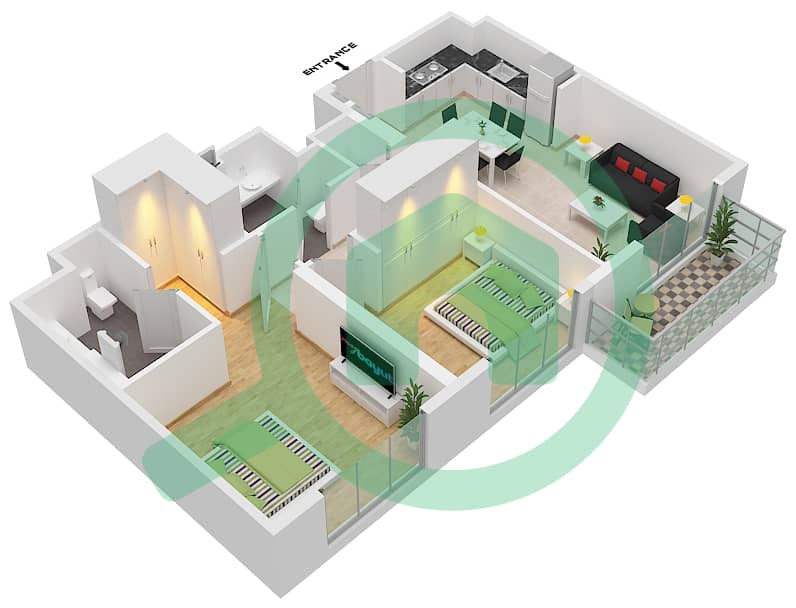 المخططات الطابقية لتصميم النموذج / الوحدة 5-UNIT-A10-FLOOR 4-9 شقة 2 غرفة نوم - جرينسايد ريزيدنس برج A interactive3D