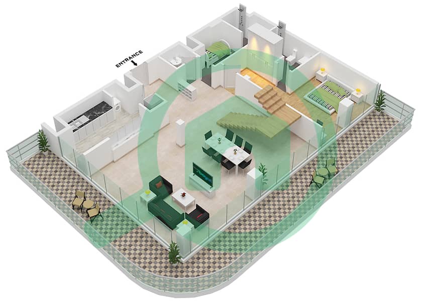 Резиденции Яс Бич - Апартамент 3 Cпальни планировка Тип DUPLEX-TYPE-D Ground Floor interactive3D
