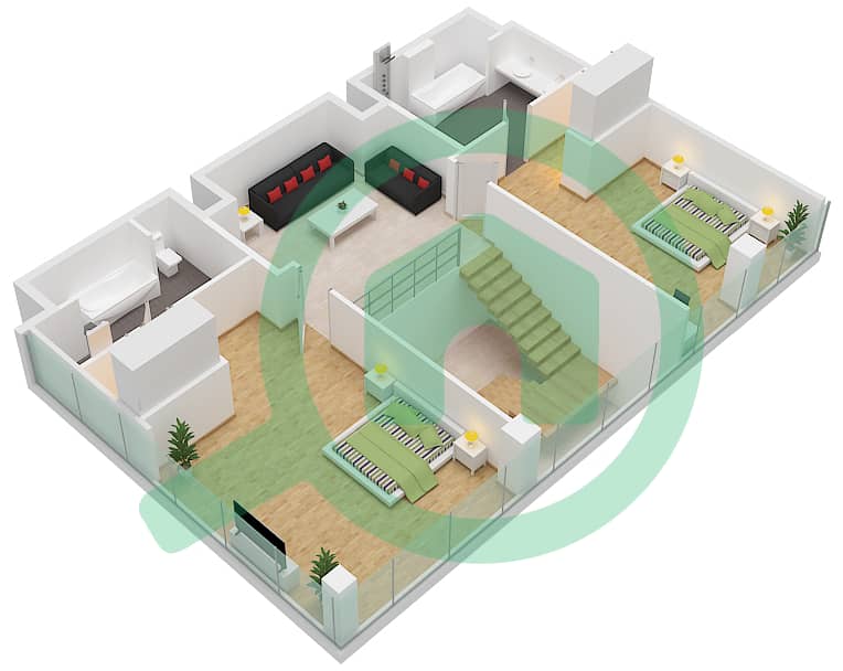 Yas Beach Residences - 3 Bedroom Apartment Type DUPLEX-TYPE-D Floor plan First Floor interactive3D