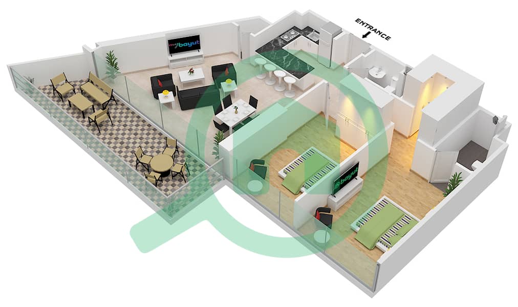 高尔夫之门社区 - 2 卧室公寓类型2戶型图 interactive3D