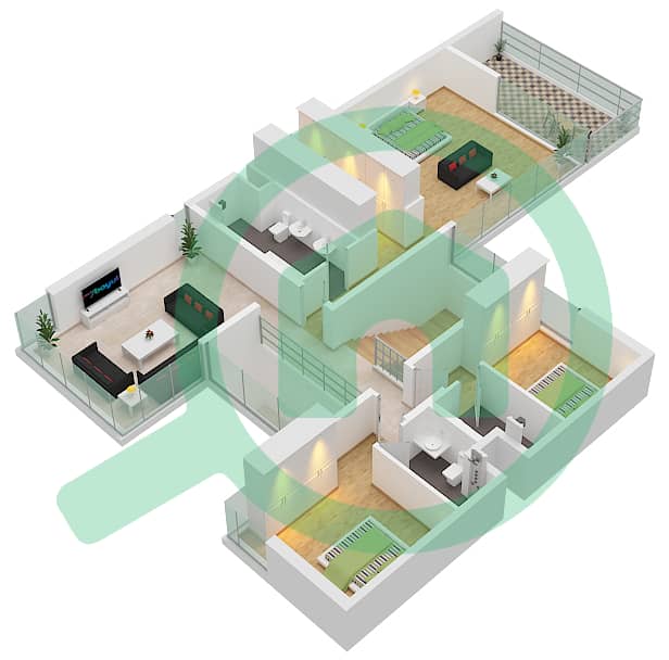 المخططات الطابقية لتصميم النموذج 2A فیلا 4 غرف نوم - سيكويا First Floor interactive3D
